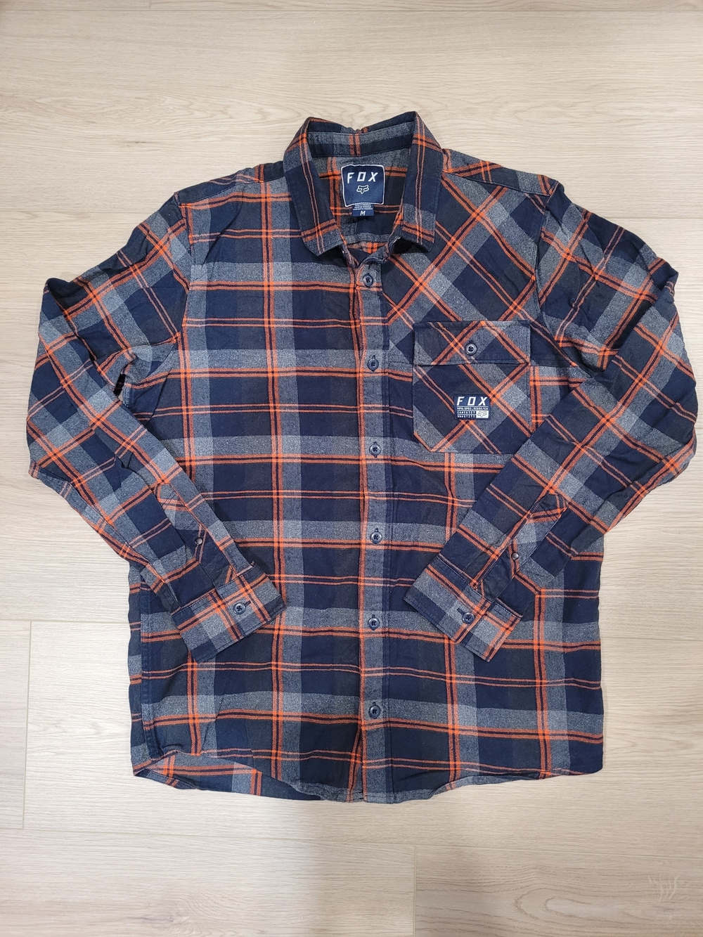 FOX Men's Navy and Orange Plaid Button-Up Shirt